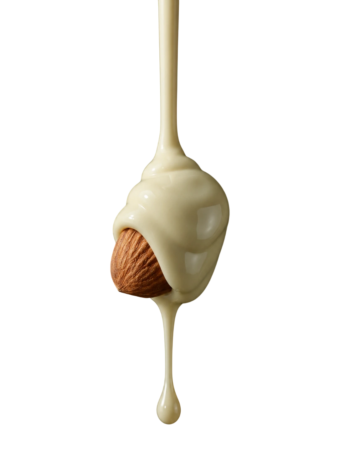 An almond covered in glossy white chocolate